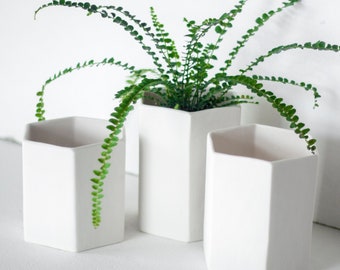 Hexagon Tabletop Planter, Medium White Ceramic Geometric Plant Pot