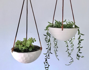 Small Hanging Planter, White Ceramic Hanging Planter, Small Hanging Planter, Geo Carved or Smooth Texture