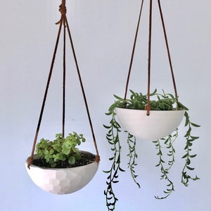 Small Hanging Planter, White Ceramic Hanging Planter, Small Hanging Planter, Geo Carved or Smooth Texture image 1