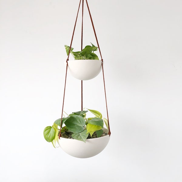 Two Tiered Hanging Planter, Hanging fruit basket, White Ceramic Hanging Planter, Double Layered Planter, Two Bowl Hanging Planter