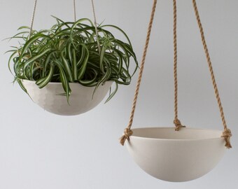 Large Hanging Planter, Ceramic Porcelain Basket with Jute or Cotton Cord, Hand Carved Geometric or Smooth Finish