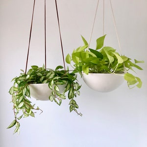 Large Hanging Planter, Ceramic Porcelain Basket with Jute or Cotton Cord, Hand Carved Geometric or Smooth Finish image 4