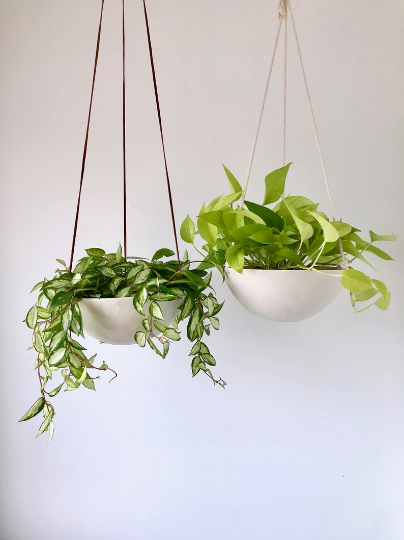 Large Hanging Planter, Ceramic Porcelain Basket with Jute or Cotton Cord, Hand Carved Geometric or Smooth Finish image 4