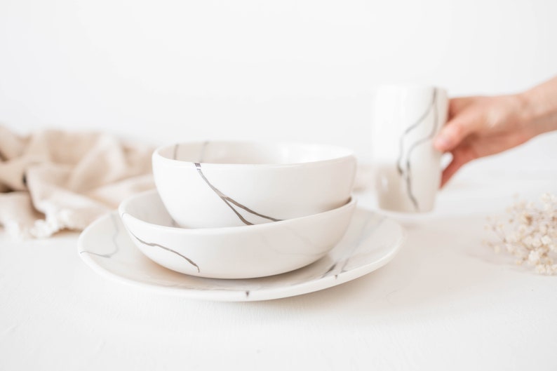 Silver Porcelain Cup, Handmade White Water Glass, Natural Design Dinner Set image 6