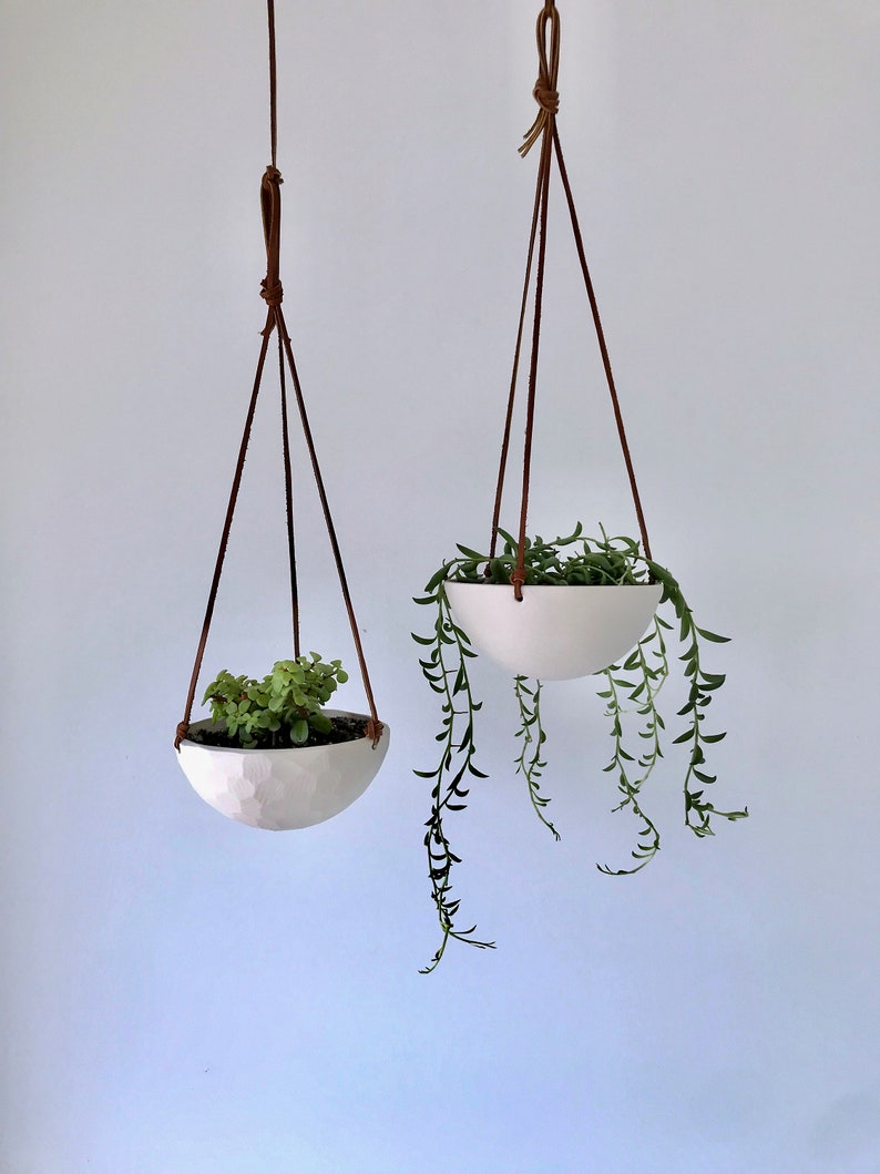 Small Hanging Planter, White Ceramic Hanging Planter, Small Hanging Planter, Geo Carved or Smooth Texture image 8