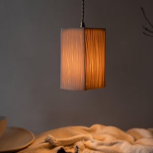 Wooden Carved Lantern Pendant Light, Hexagon Pendant Light, Modern Ceramic Lighting, Translucent Porcelain Light, White Pendant Light