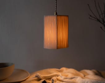Wooden Carved Lantern Pendant Light, Hexagon Pendant Light, Modern Ceramic Lighting, Translucent Porcelain Light, White Pendant Light