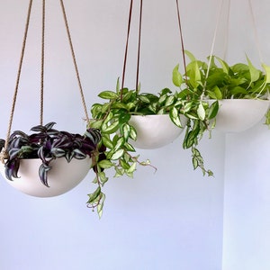 Large Hanging Planter, Ceramic Porcelain Basket with Jute or Cotton Cord, Hand Carved Geometric or Smooth Finish image 2