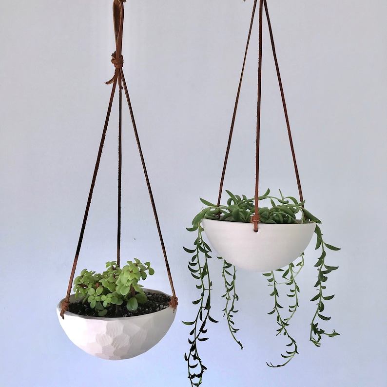 Small Hanging Planter, White Ceramic Hanging Planter, Small Hanging Planter, Geo Carved or Smooth Texture image 1