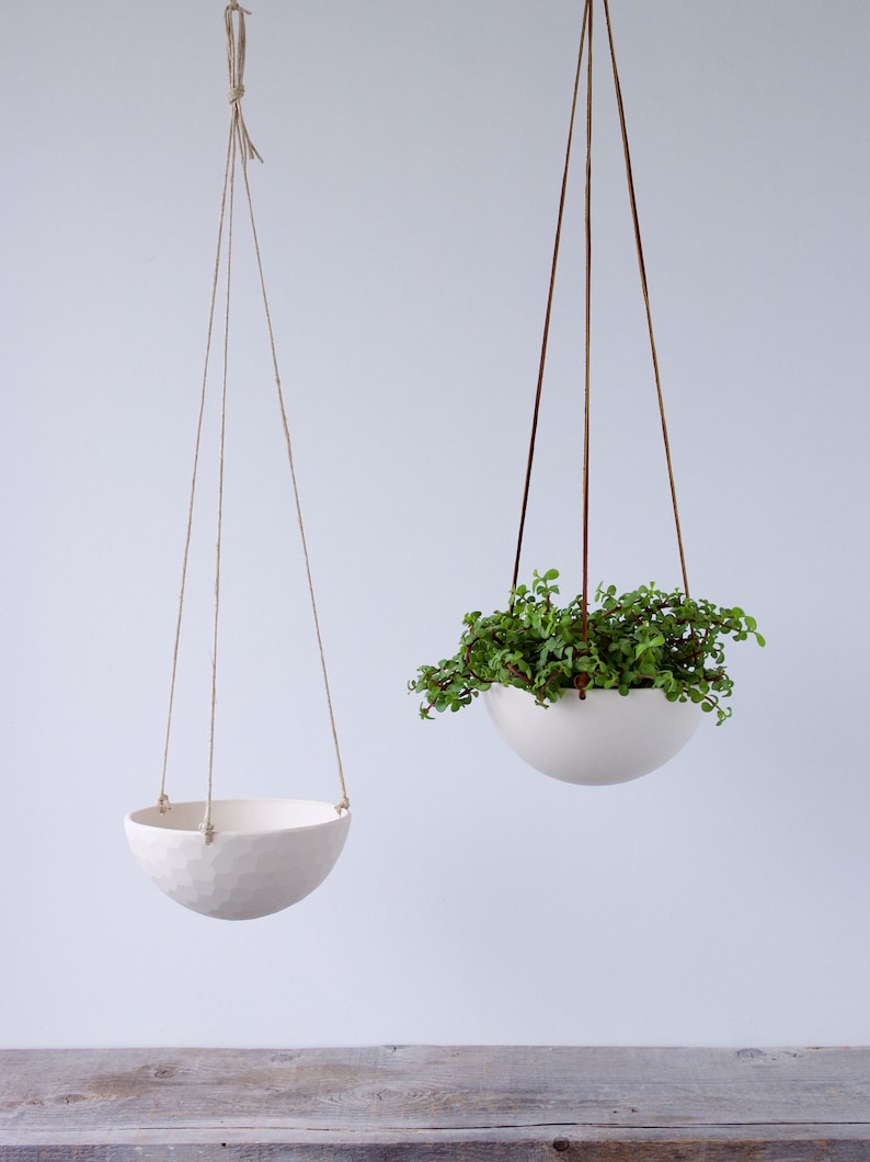 Medium Hanging Planter, Porcelain Ceramic, Geometric Faceted or Smooth finish, choose your Cording image 2