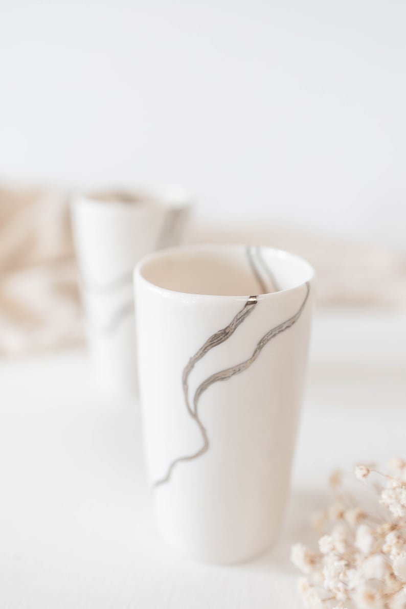 Silver Porcelain Cup, Handmade White Water Glass, Natural Design Dinner Set image 4