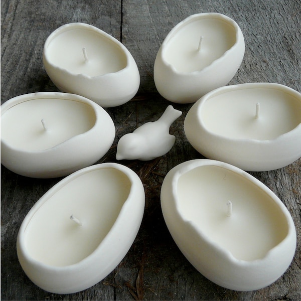 Porcelain Egg Candles, Set of 6 Soy Votives with Bird