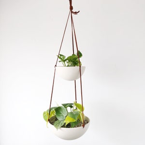 Two Tiered Hanging Planter, Hanging fruit basket, White Ceramic Hanging Planter, Double Layered Planter, Two Bowl Hanging Planter image 3