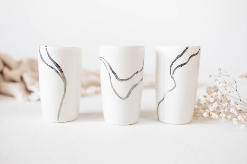 Silver Porcelain Cup, Handmade White Water Glass, Natural Design Dinner Set image 2