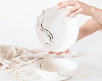 Silver Porcelain Pasta Bowl, Handmade White Shallow Bowl, Wide Bowl, Natural Design Dinner Set