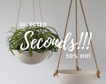 SECONDS Large Hanging Planter, Ceramic Porcelain Basket with Jute or Cotton Cord, Hand Carved Geometric or Smooth Finish
