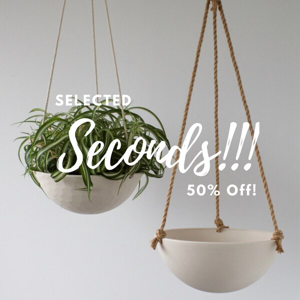 SECONDS Large Hanging Planter, Ceramic Porcelain Basket with Jute or Cotton Cord, Hand Carved Geometric or Smooth Finish