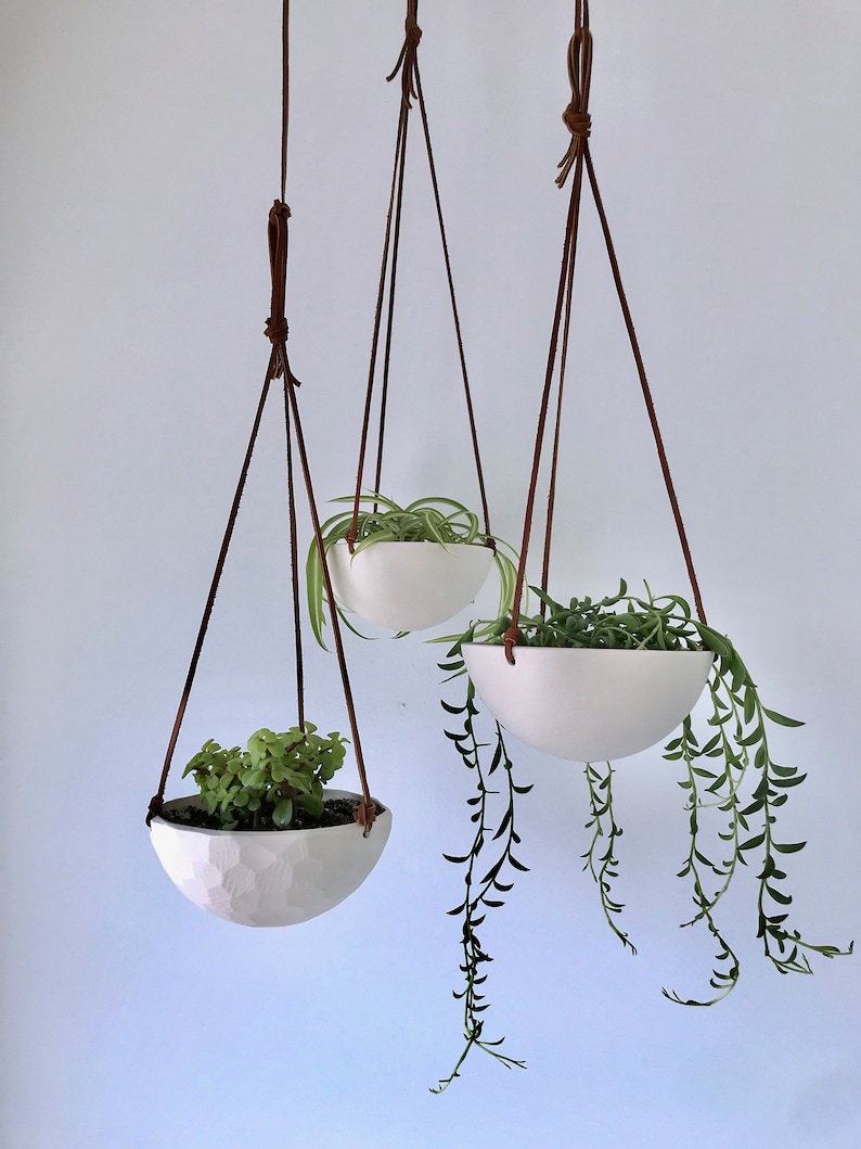 Small Hanging Planter, White Ceramic Hanging Planter, Small Hanging Planter, Geo Carved or Smooth Texture image 2