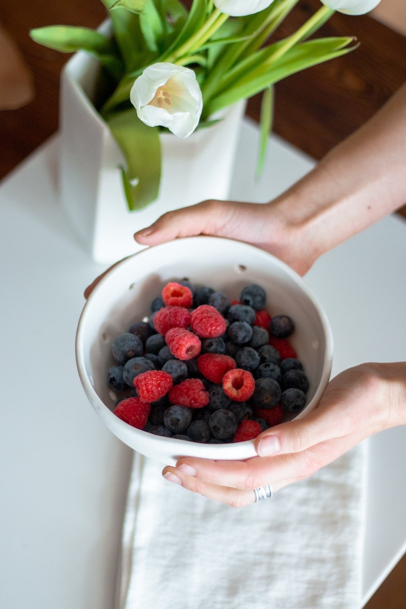 Porcelain Berry Bowl Colander, White Ceramic Berry Bowl, Handmade Ceramic Colander image 2