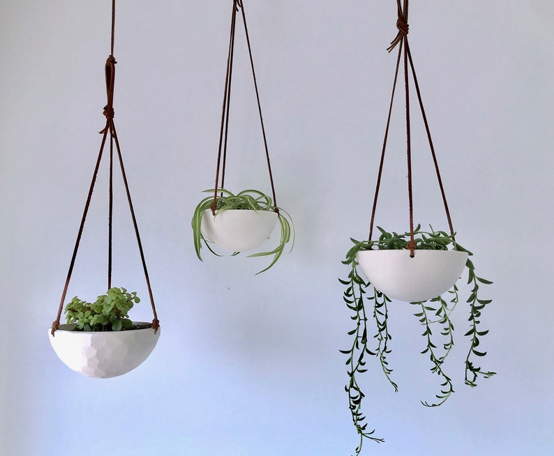 Small Hanging Planter, White Ceramic Hanging Planter, Small Hanging Planter, Geo Carved or Smooth Texture image 4