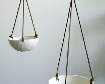 Hanging Porcelain Ceramic Planter with Leather Cord Size Small Geometric Carved or Smooth Texture