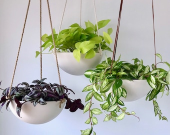 Large Hanging Planter, Ceramic Porcelain Basket with Jute or Cotton Cord, Hand Carved Geometric or Smooth Finish