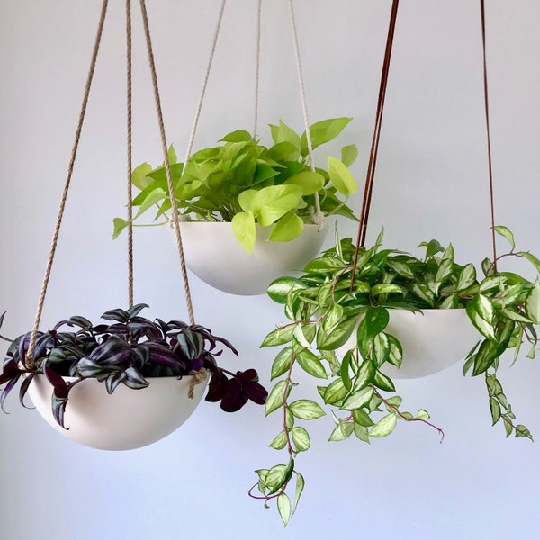 Large Hanging Planter, Ceramic Porcelain Basket with Jute or Cotton Cord, Hand Carved Geometric or Smooth Finish