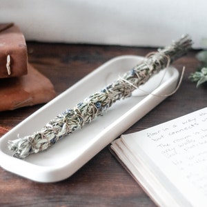 Salvia Smudge Tray, Vit Keramikbricka, Rektangel