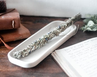 Sage Smudge Tray, White Ceramic Tray, Rectangle