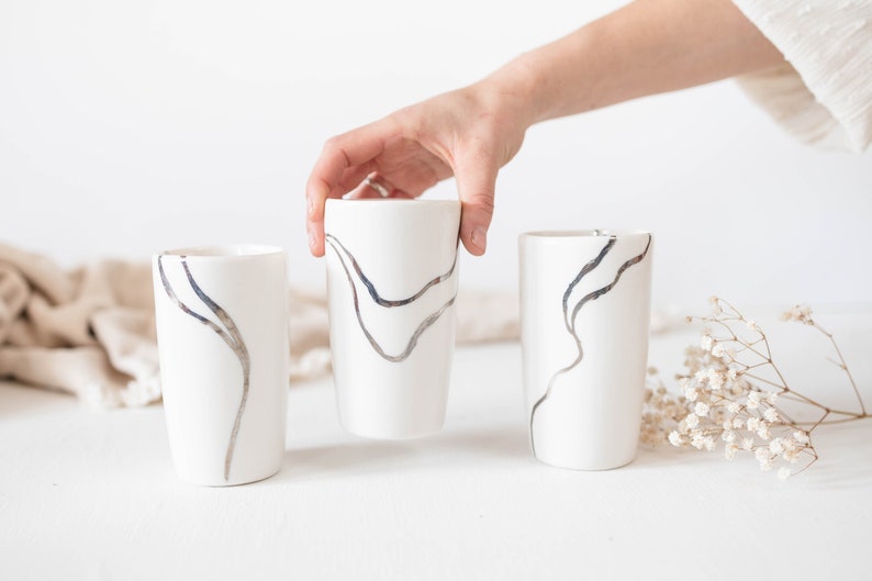 Silver Porcelain Cup, Handmade White Water Glass, Natural Design Dinner Set image 1