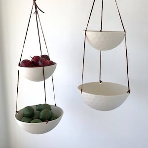 Large Hanging Fruit Basket, Two Tiered Porcelain and Leather