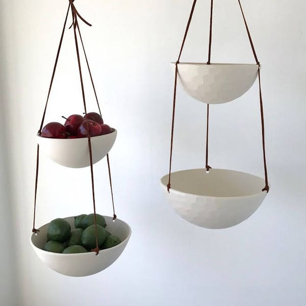 Large Hanging Fruit Basket, Two Tiered Porcelain and Leather