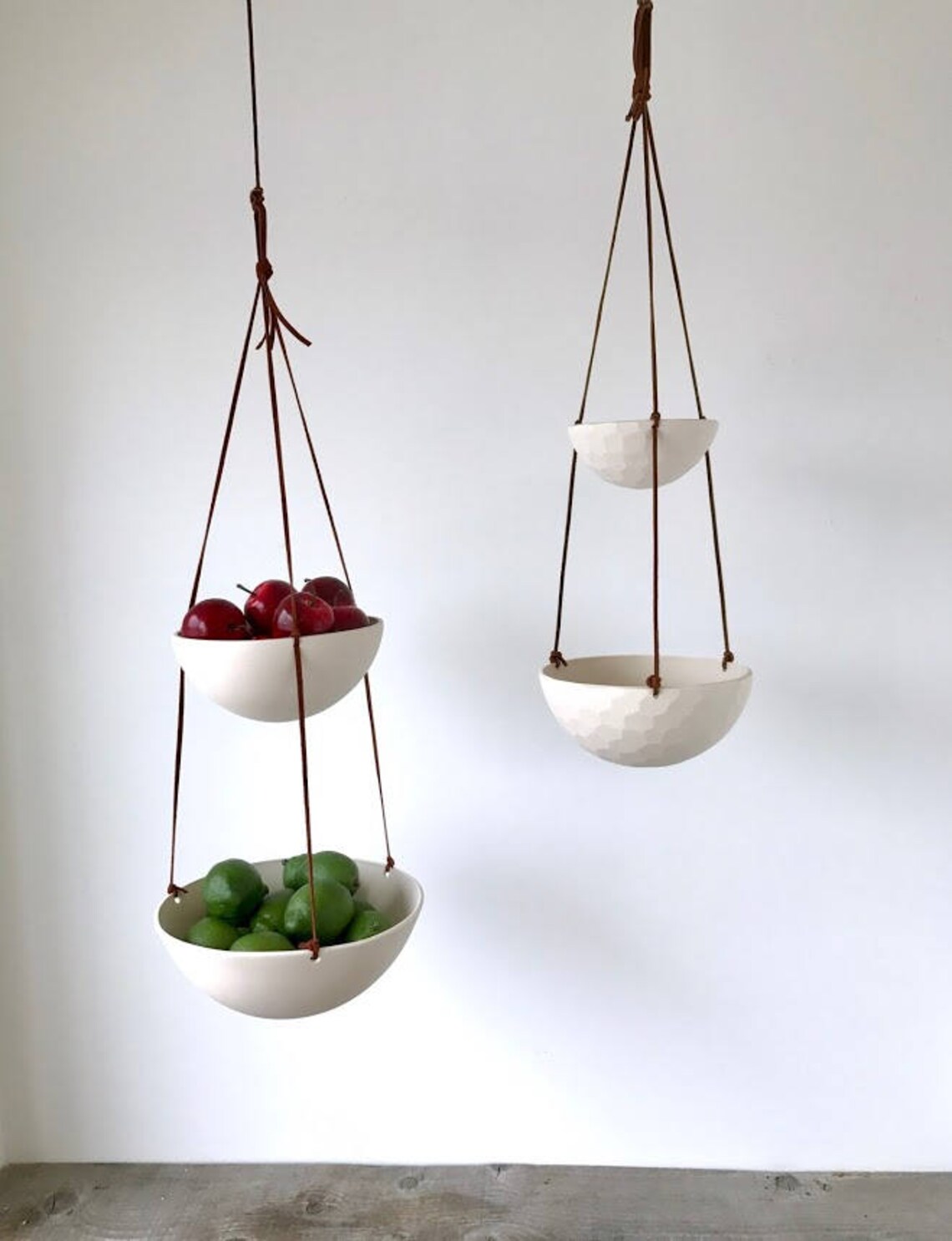 Large Hanging Fruit Basket Two Tiered Porcelain and Leather Etsy