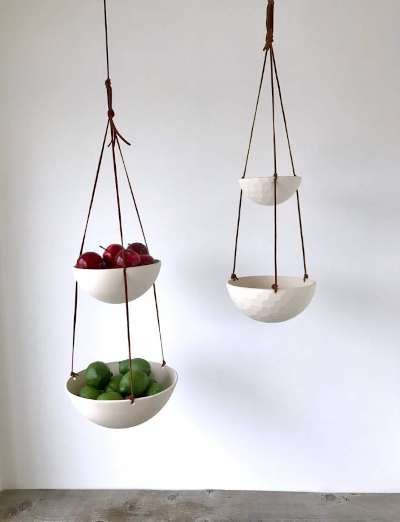 Large Hanging Fruit Basket Two Tiered Porcelain and Leather Etsy