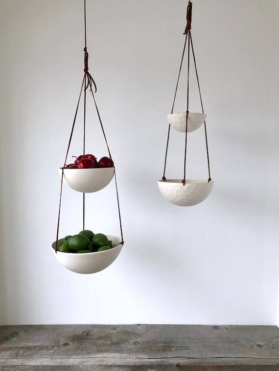 Handmade Two-Tiered Ceramic Hanging Fruit Basket | Porcelain Kitchen Organizer or Planter | Modern Home Decor - Large