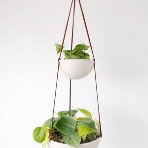 Two Tiered Hanging Planter, Hanging fruit basket, White Ceramic Hanging Planter, Double Layered Planter, Two Bowl Hanging Planter image 2