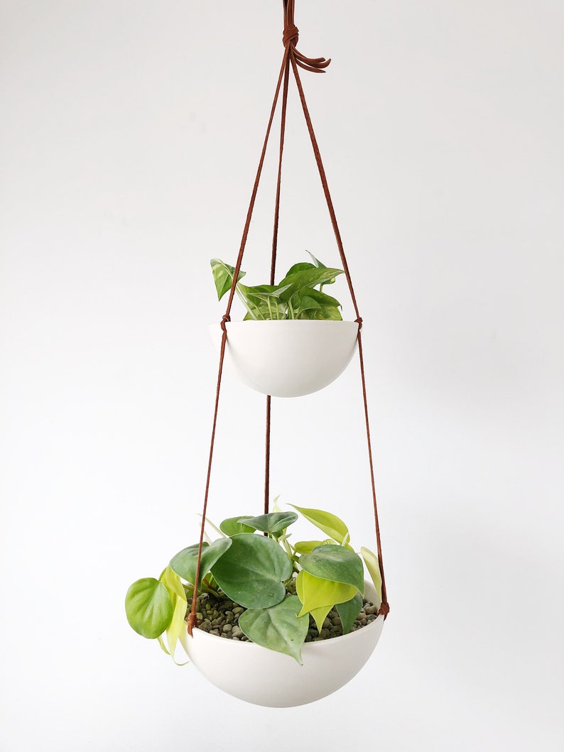 Two Tiered Hanging Planter, Hanging fruit basket, White Ceramic Hanging Planter, Double Layered Planter, Two Bowl Hanging Planter image 2