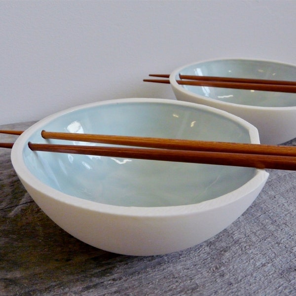 Porcelain Rice Bowl with Chopstick Holder, Celedon Glaze, Chopsticks Included