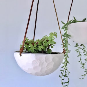 Small Hanging Planter, White Ceramic Hanging Planter, Small Hanging Planter, Geo Carved or Smooth Texture image 3