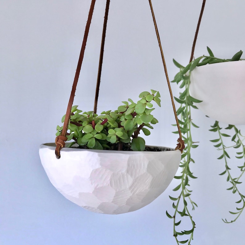 Small Hanging Planter, White Ceramic Hanging Planter, Small Hanging Planter, Geo Carved or Smooth Texture image 3