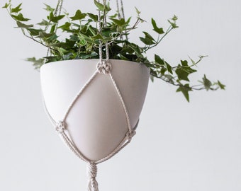 Hanging Macramé Planter, Large Hanging Planter, White Ceramic Planter, Bullet Planter