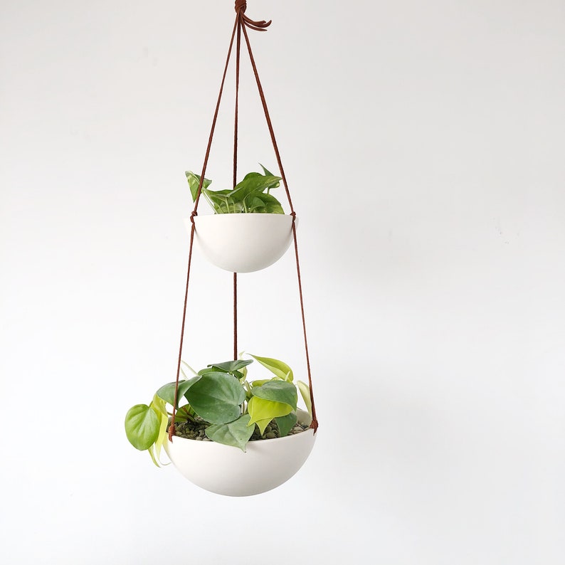 Two Tiered Hanging Planter, Hanging fruit basket, White Ceramic Hanging Planter, Double Layered Planter, Two Bowl Hanging Planter image 1