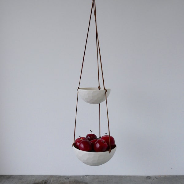 Medium Hanging Fruit Basket, Two Tiered Porcelain and Leather, Smooth or Geo Carved