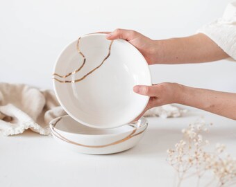 Gold River Kintsugi Inspired Handmade Porcelain Pasta or Salad Bowl