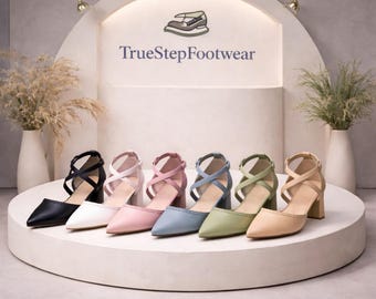 Handmade Women Block Heel Mary Jane Shoes Pointed Toe Ankle Strap Bridal Heels