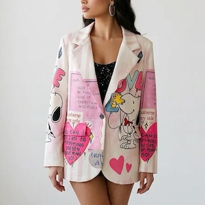 Pink Oversized Blazer for Women, Motivational Quote Jacket with Hearts, Cream Pop Art Streetwear by Maya, Suit Jacket,