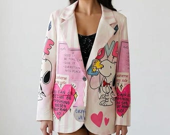 Snoopy Blazer in Rosa und Creme für Damen, Peanuts-Jacke mit Motivationszitaten und Herzen, Pop-Art, elegante Jacke mit Graffiti, für Snoopy-Fans