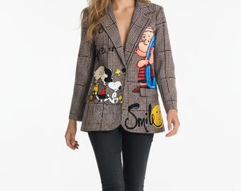 Marynarka Snoopy, brązowa kurtka, miłośnicy Snoopy'ego, szykowne kurtki, prezent dla niej, prezent dla dziewczyny, nadruk na kurtce,