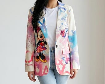 Blazer Oversize de Minnie Mouse, Chaqueta Estilo Pop Art con Graffiti y Mariposas, Americana Mujer Streetwear Exclusiva, Regalo Original