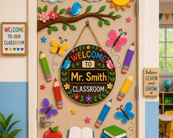 Editable Classroom Door Sign PNG Bundle | Teacher Name Door Decor | Butterfly Flower Spring Classroom Door Decor | Canva Edit Template